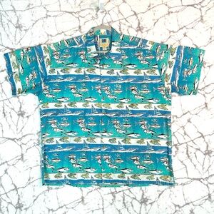 KAHALA Hawaiian Fishing Shirt Men’s XL Avi Collection Turquoise Fishes Boats